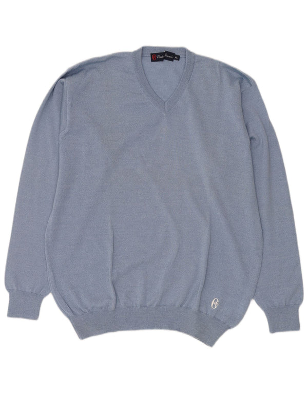 CONTE OF FLORENCE Herren-Pullover mit V-Ausschnitt, XL, blaue Schurwolle