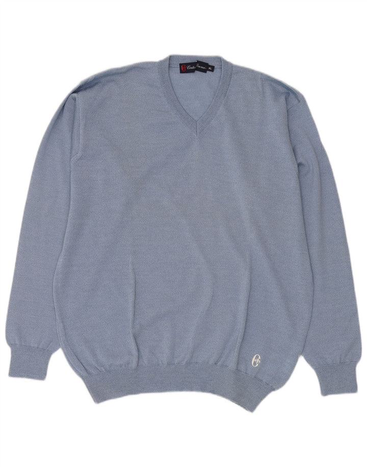 CONTE OF FLORENCE Herren-Pullover mit V-Ausschnitt, XL, blaue Schurwolle