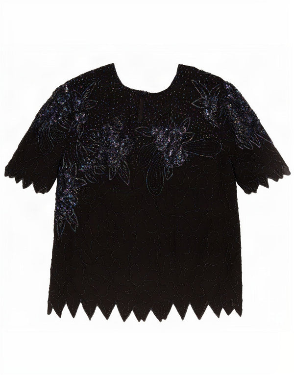 Vintage Damen Abendbluse Top UK 18 XL Schwarz geblümte Seide