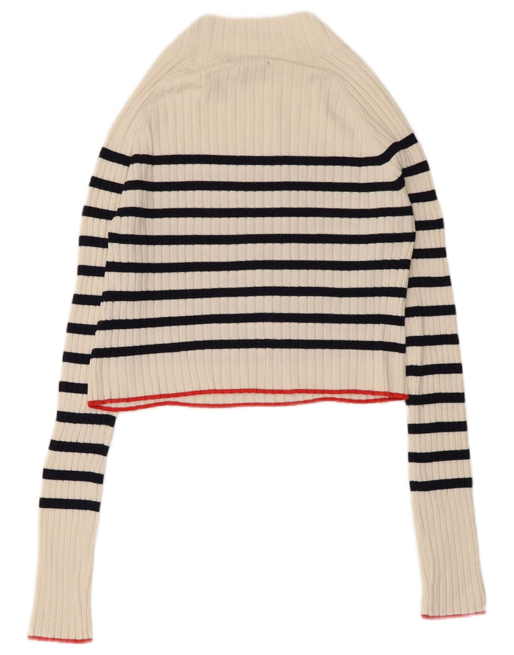 Zara Damen Crop Rollkragenpullover Pullover UK 12 Mittelweiß gestreift