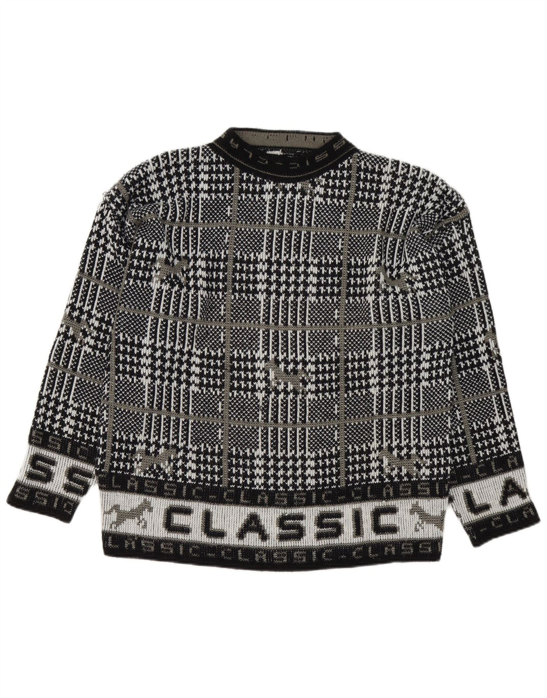 Vintage Herren Pullover mit grafischem Rundhalsausschnitt, groß, schwarz kariert