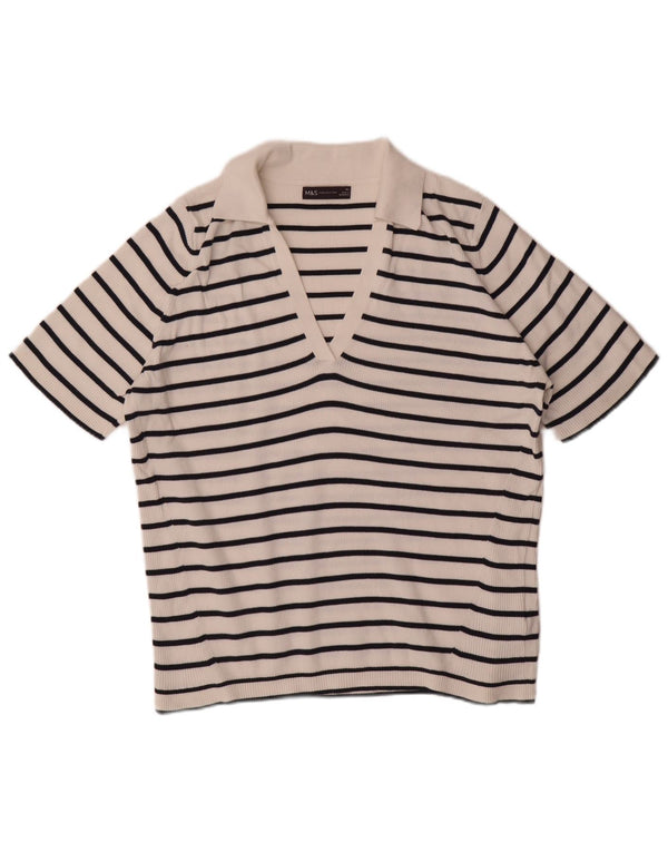 Marks & Spencer Damen Poloshirt UK 18 XL weiß gestreift aus Baumwolle