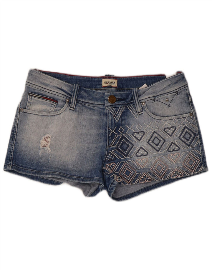 Tommy Hilfiger Damen Denim Hot Pants W28 Mittelblaue geometrische Baumwolle