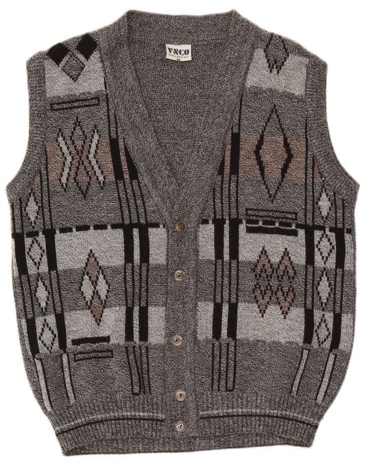 Vintage Herren Ärmelloser Cardigan Pullover Mittelgrau Geometrisches Acryl
