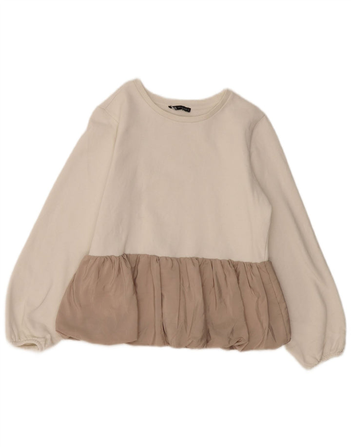 ZARA Damen-Sweatshirt-Pullover UK 12 Mittelweiße Colourblock-Baumwolle