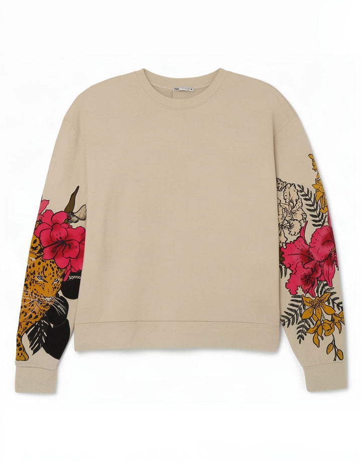 Zara Damen Sweatshirt-Pullover UK 14 Mittelbeige geblümte Baumwolle