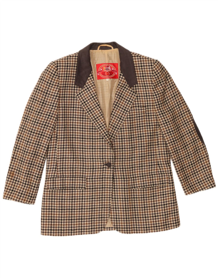 Vintage Damen 1-Knopf-Blazerjacke IT 46 Große braun karierte Wolle