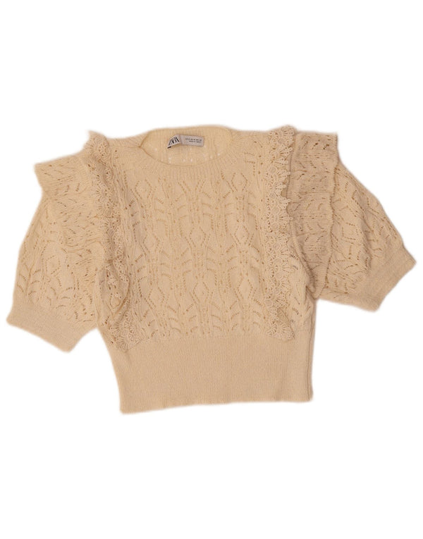 ZARA Damen Crop Crew Neck Pullover Pullover UK 12 Mittelbeige Baumwolle