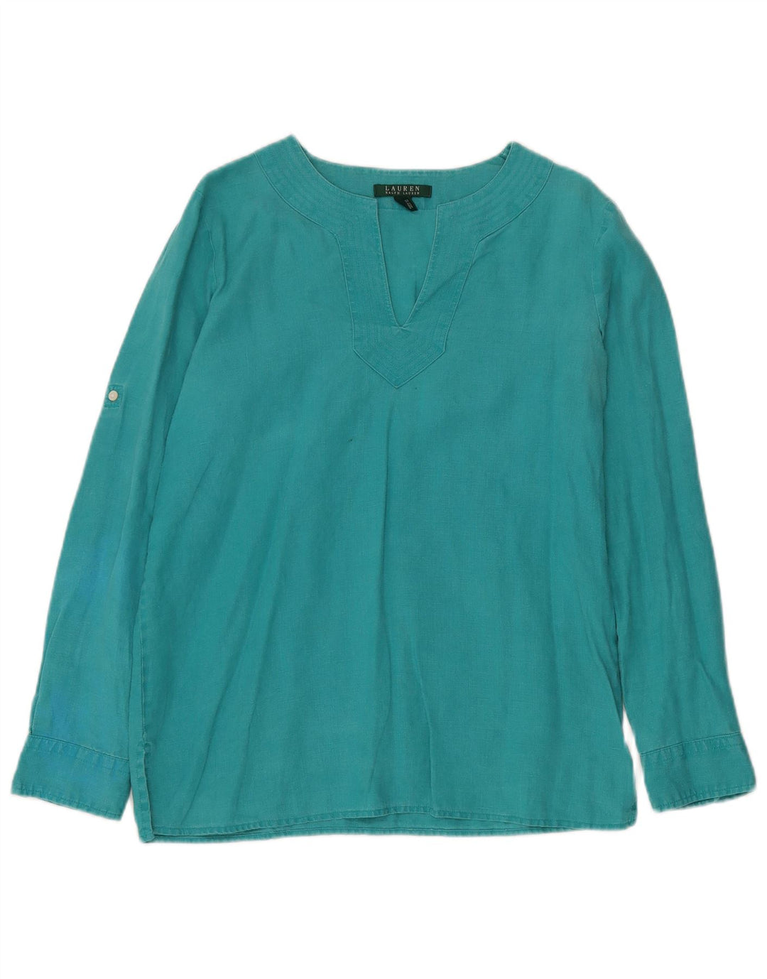 RALPH LAUREN Damen Langarm-Blusenoberteil UK 14 Mitteltürkises Leinen