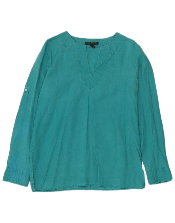 RALPH LAUREN Damen Langarm-Blusenoberteil UK 14 Mitteltürkises Leinen
