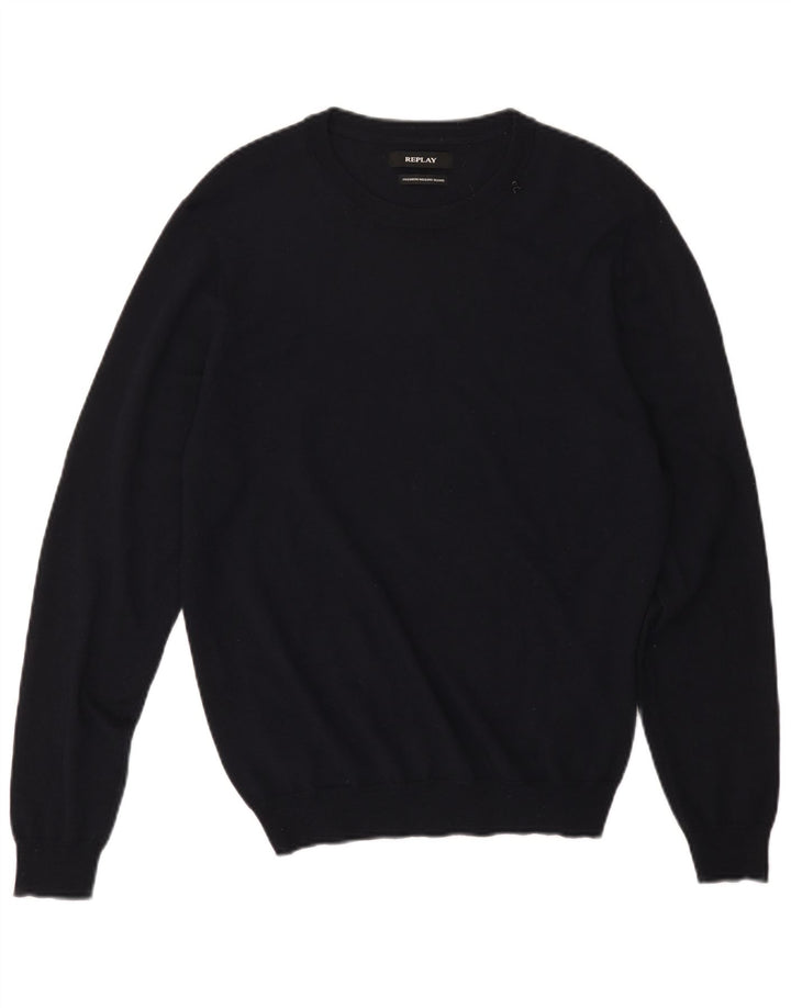 Replay Herren-Pullover mit Rundhalsausschnitt, mittelmarineblaue Merinowolle