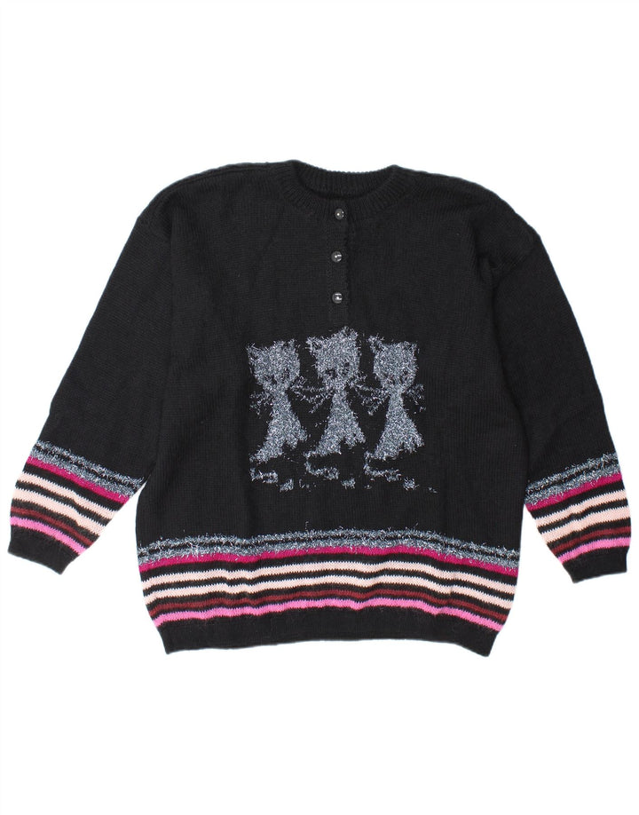 Vintage Damen Pullover mit grafischem Knopfkragen, UK 14, groß, schwarz gestreift