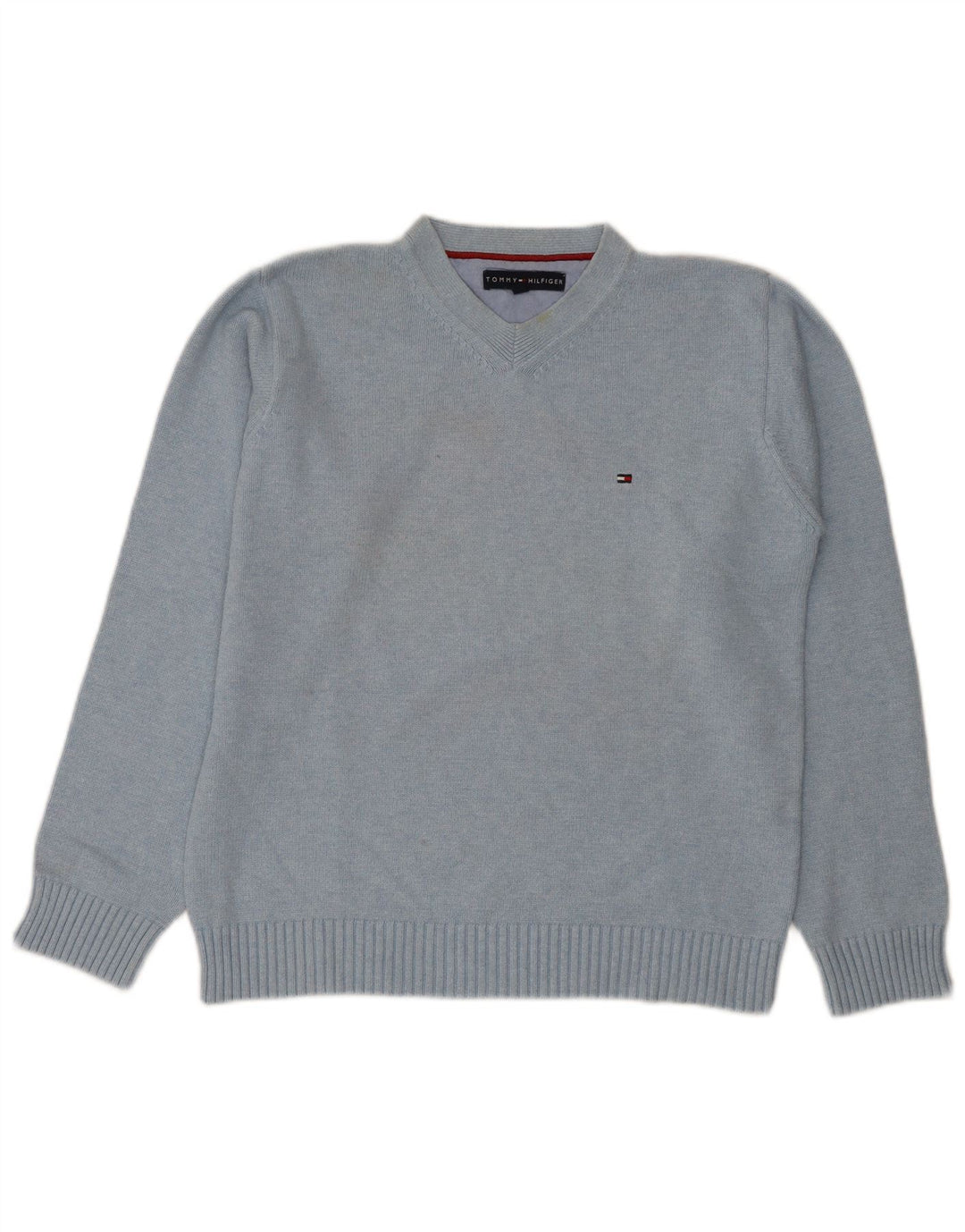Tommy Hilfiger Herren-Pullover mit V-Ausschnitt aus mittelblauer Baumwolle