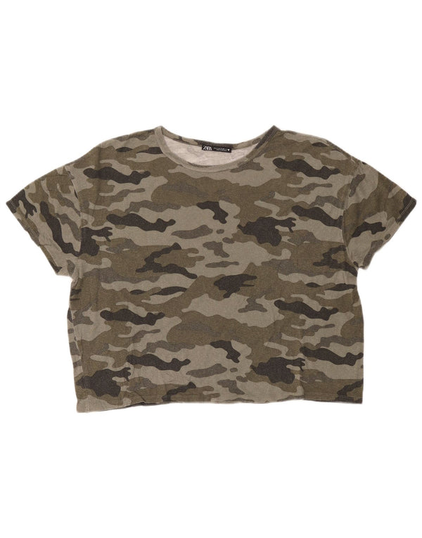 Zara Damen Crop Oversized T-Shirt Top UK 14 Mittelgrüne Tarnung