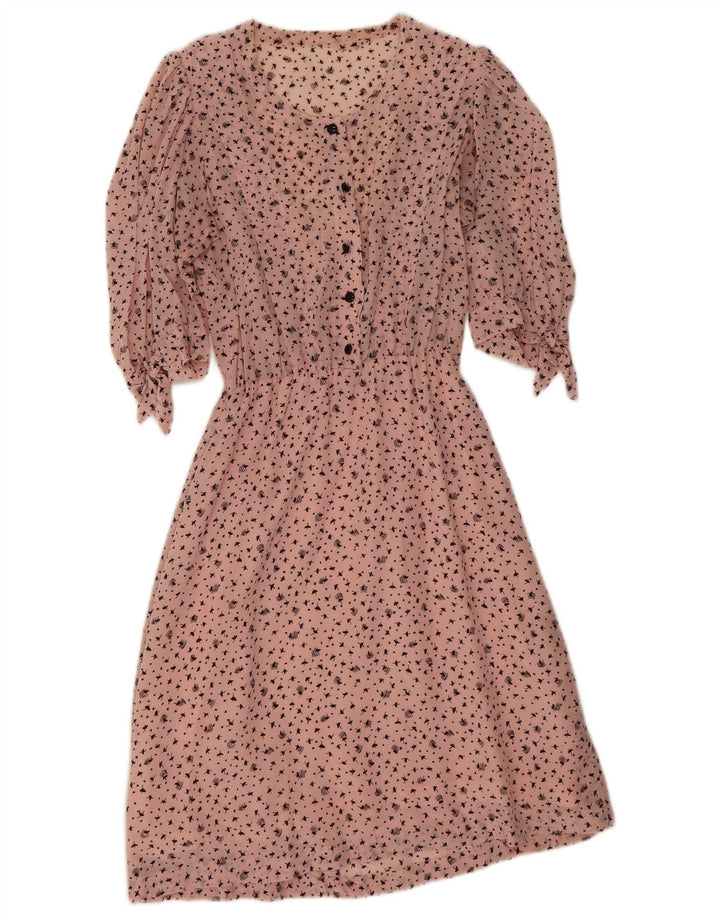 Vintage-Damenkleid mit abstraktem Muster und 3/4-Ärmeln in A-Linie, Gr. 8, klein, Rosa