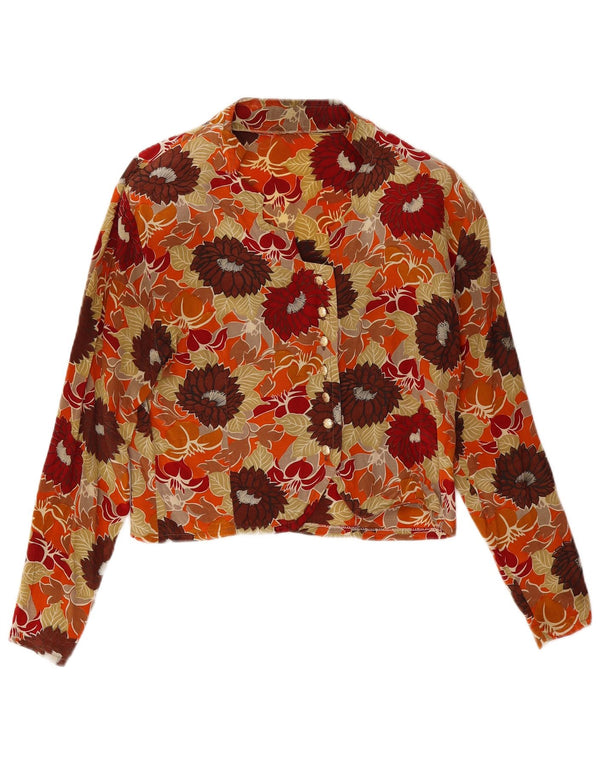 Vintage Damen Crop Shirt Bluse UK 14 Medium Orange Floral