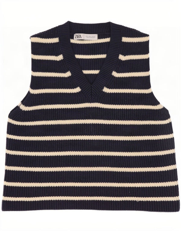 Zara Damen Crop Vest Tank Top UK 10 Small Marineblau gestreift Baumwolle