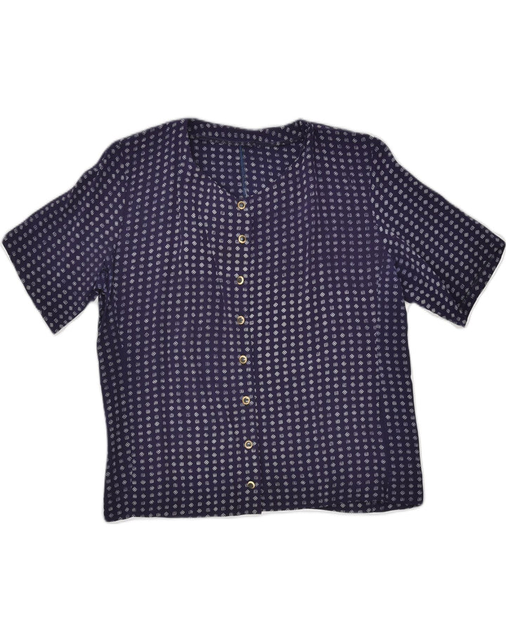 VINTAGE Womens Short Sleeve Shirt Blouse UK 14 Medium Navy Blue Geometric | Vintage Vintage | Thrift | Second-Hand Vintage | Used Clothing | Messina Hembry 