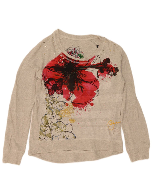 Desigual Womens Graphic Top Langarm UK 14 Mittelgraue geblümte Baumwolle