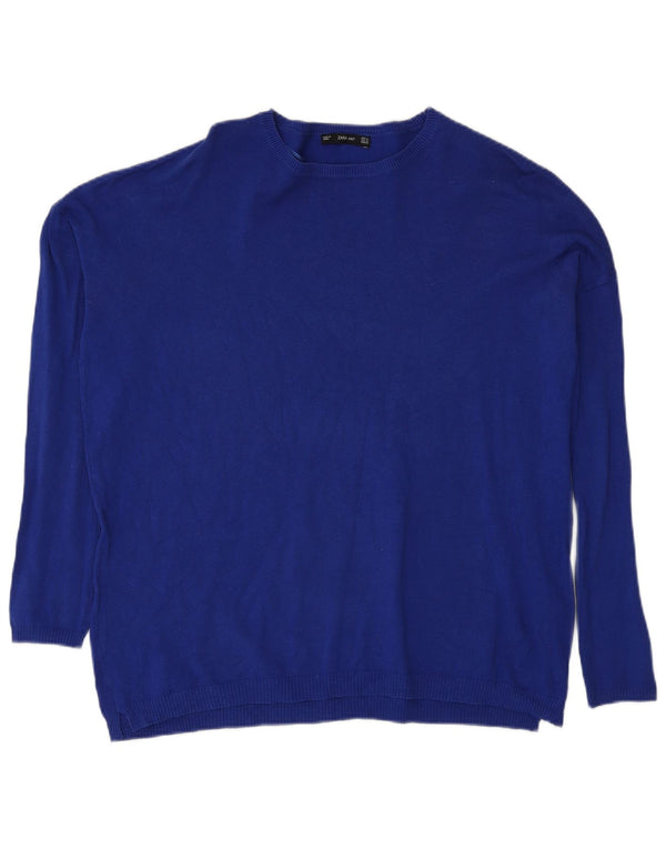 Zara Damen Übergroßer Pullover mit U-Boot-Ausschnitt, UK 14, mittelblaue Baumwolle