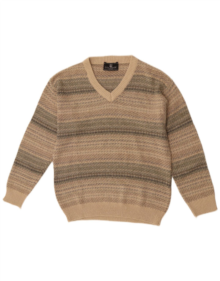 Vintage Herren V-Ausschnitt Pullover Pullover Medium Beige gestreift