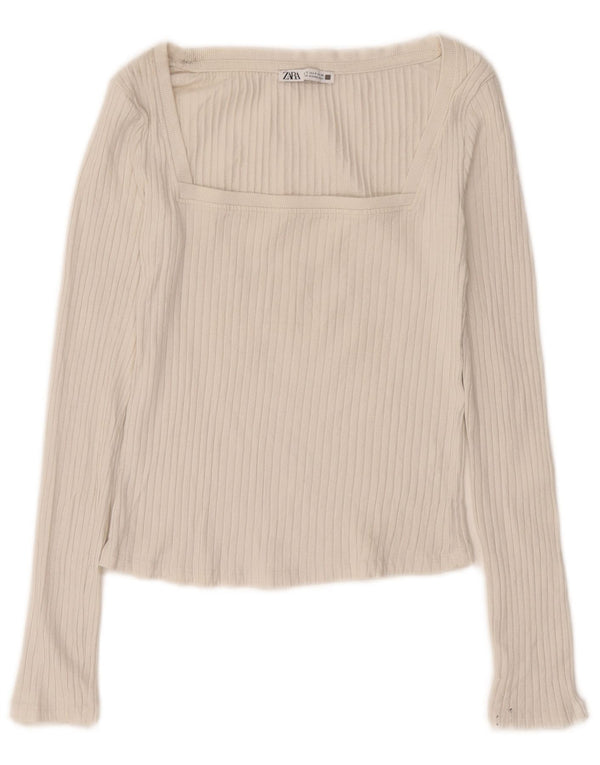 Zara Damen Crop Top Langarm UK 10 Small Beige