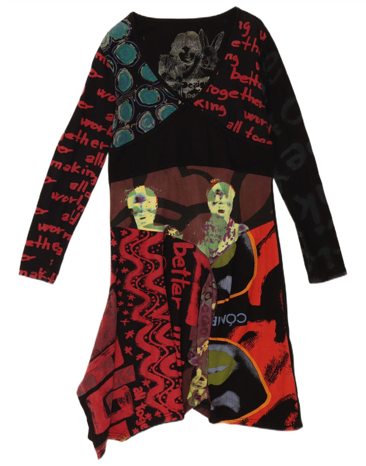 Desigual Damen grafisches asymmetrisches Kleid UK 18 XL Schwarz Patchwork