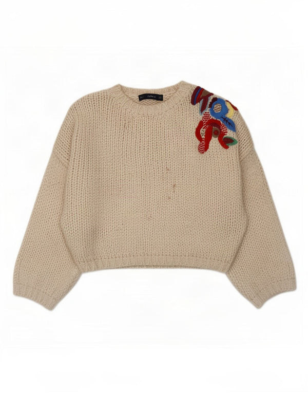 Zara Damen-Pullover, übergroß, Rundhalsausschnitt, Gr. 14, Mittelbeige mit Blumenmuster