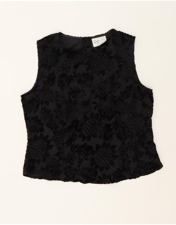 Vintage Damen Ärmelloses Crop Blusen Top UK 14 Medium Schwarz Floral