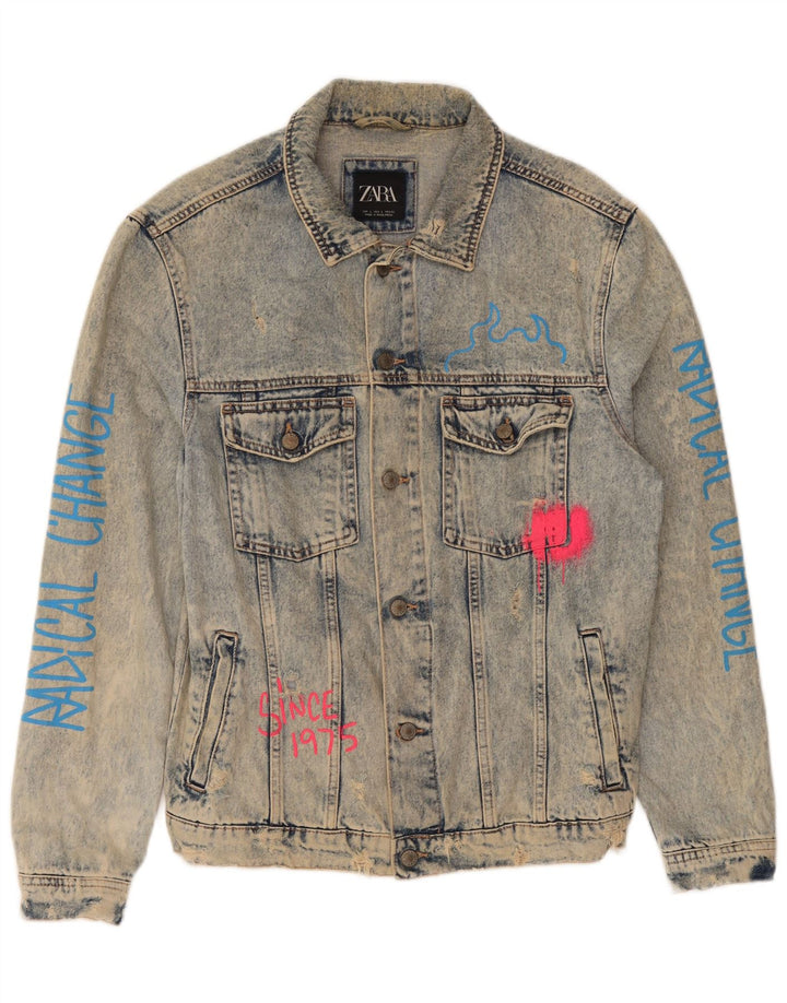 Zara Herren-Jeansjacke mit Grafik, UK 40, große blaue Baumwolle