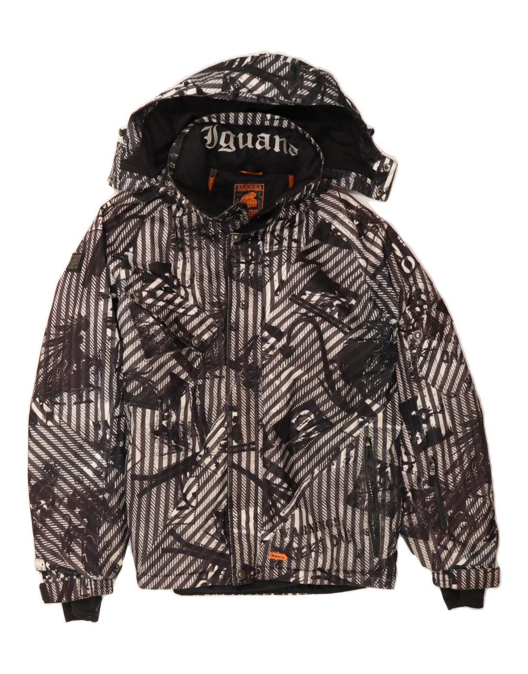 IGUANA Mens Abstract Pattern Windbreaker Jacket UK 40 Large Black Striped Vintage Iguana and Second-Hand Iguana from Messina Hembry 