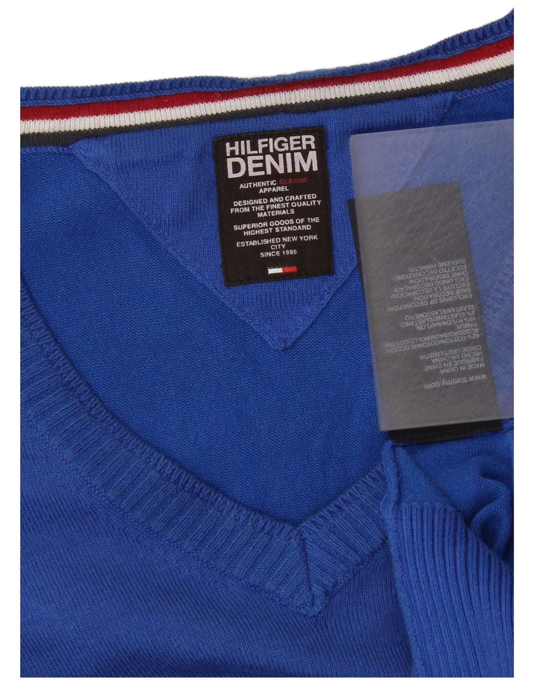 Tommy Hilfiger Herren-Pullover mit V-Ausschnitt aus mittelblauer Baumwolle