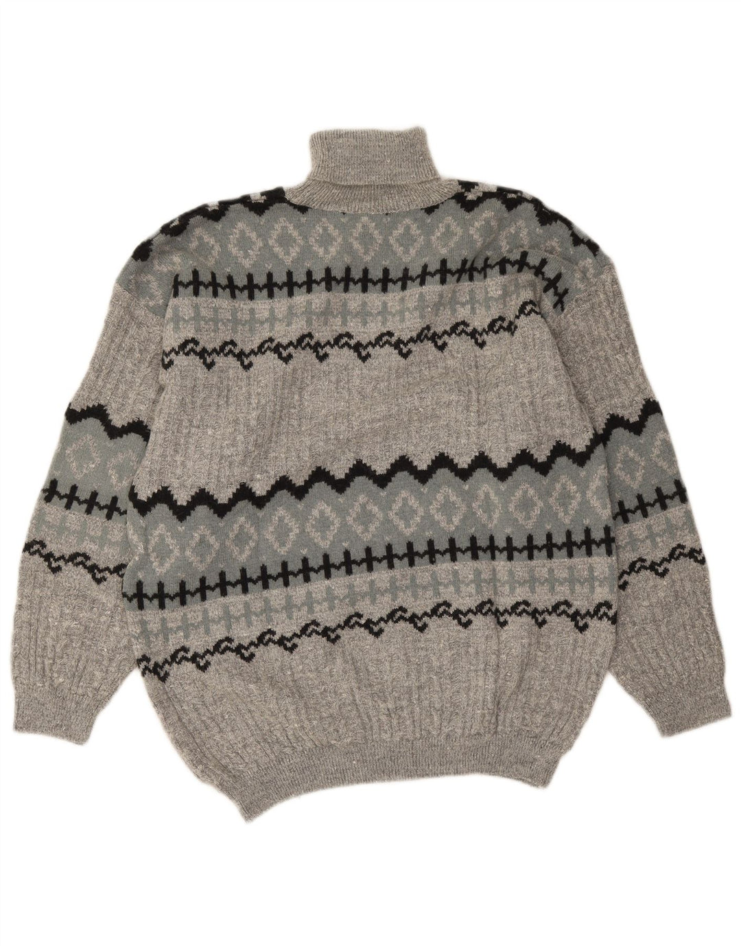Vintage Herren-Pullover mit Rollkragen, groß, graue Fair-Isle-Alpakawolle