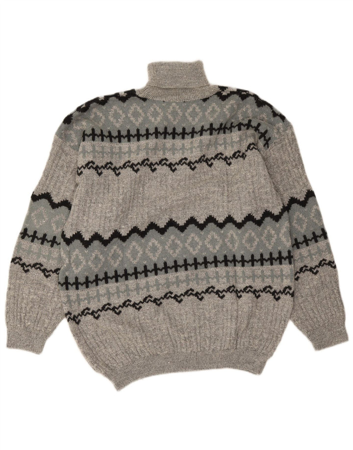 Vintage Herren-Pullover mit Rollkragen, groß, graue Fair-Isle-Alpakawolle