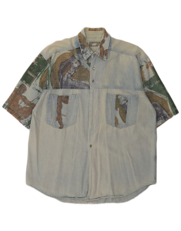 Vintage Herren Kurzarm Jeanshemd Groß Blau Patchwork Retro