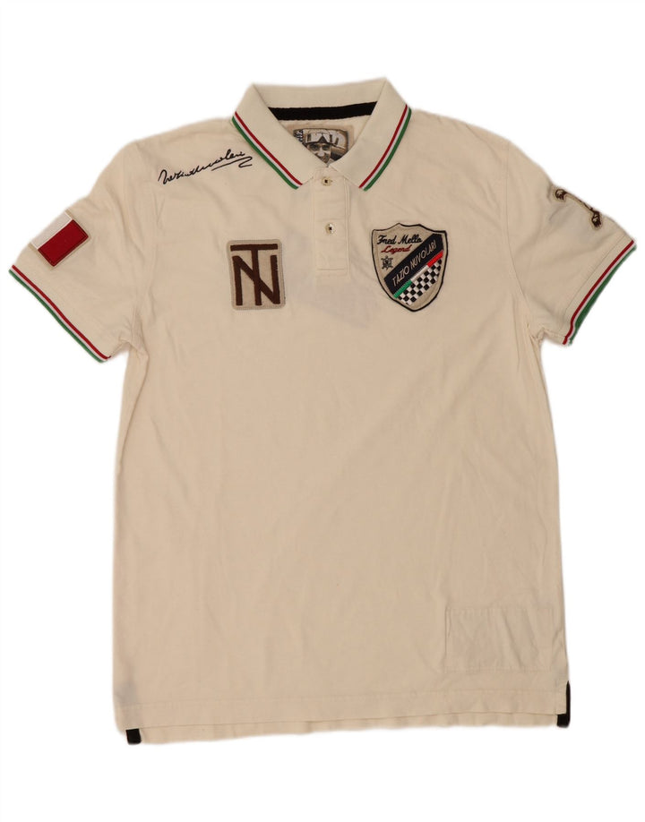Fred Mello Herren-Poloshirt mit Grafik, Medium, cremefarbene Baumwolle