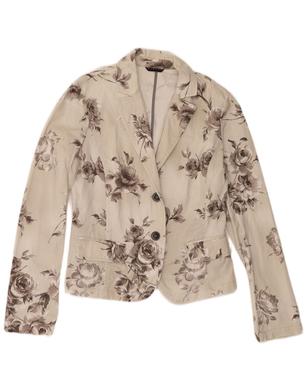 Sisley Damen-Jeans-Blazer mit 2 Knöpfen, Gr. 10, klein, gebrochenes Weiß mit Blumenmuster