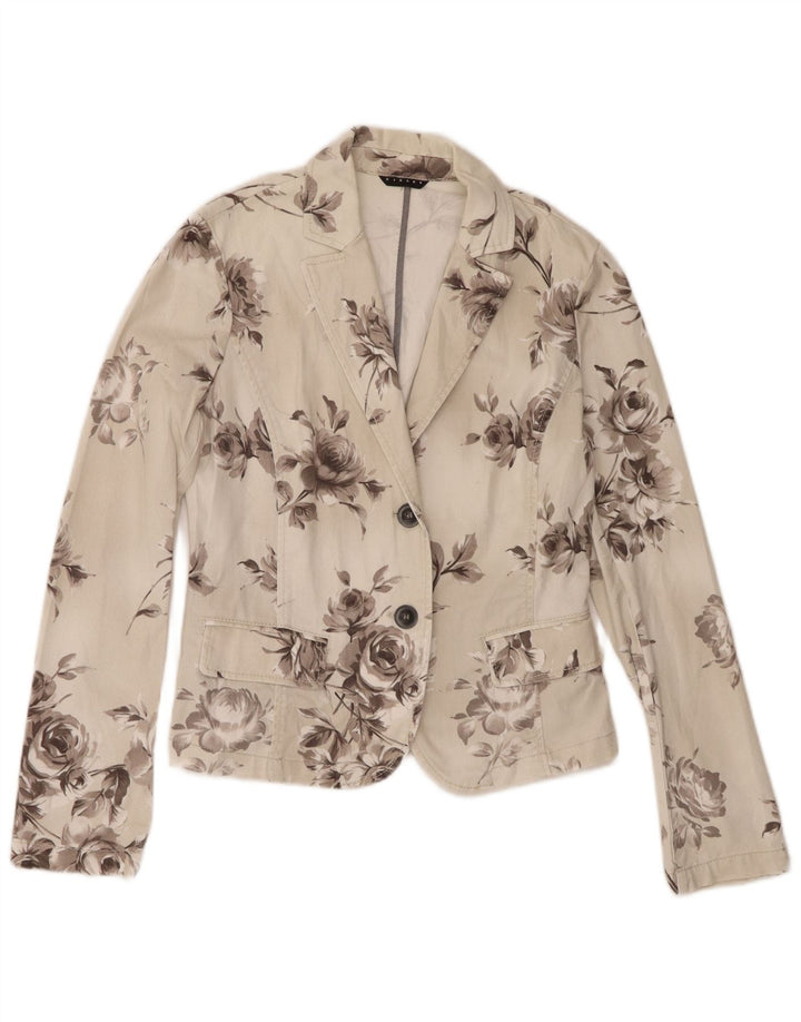 Sisley Damen-Jeans-Blazer mit 2 Knöpfen, Gr. 10, klein, gebrochenes Weiß mit Blumenmuster