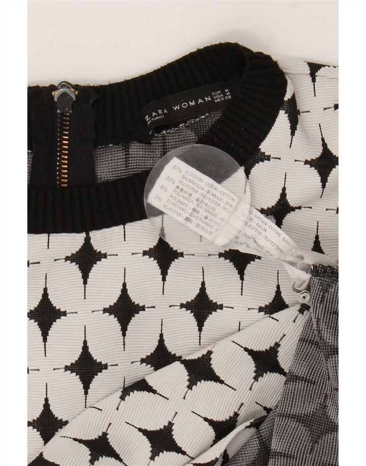 Zara Damen-Kleid in A-Linie mit abstraktem Muster, UK 12, mittelweiße Baumwolle