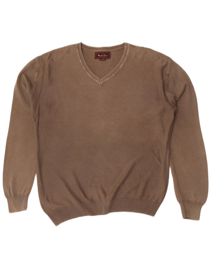 Marlboro Classics Herren-Pullover mit V-Ausschnitt, XL, Khaki, gestreift