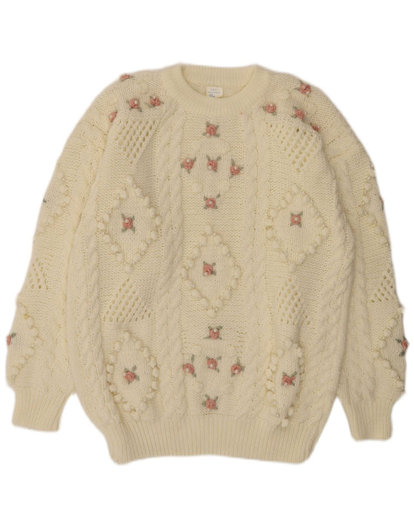 Vintage Damen Pullover mit Rundhalsausschnitt UK 20 2XL Off White Floral