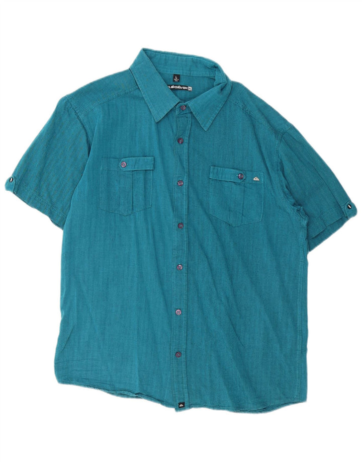 Quiksilver Herren-Kurzarmhemd, groß, blaue Fischgrätenmuster-Baumwolle