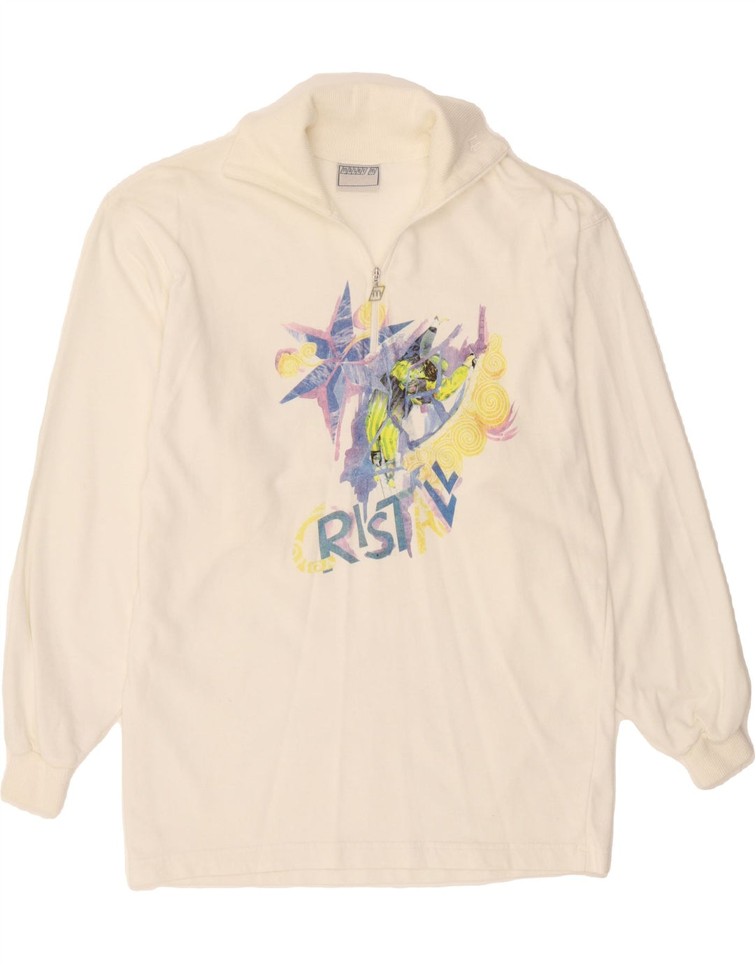 MASER M Womens Graphic Sweatshirt Jumper UK 12 Medium White Cotton Vintage Maser M and Second-Hand Maser M from Messina Hembry 