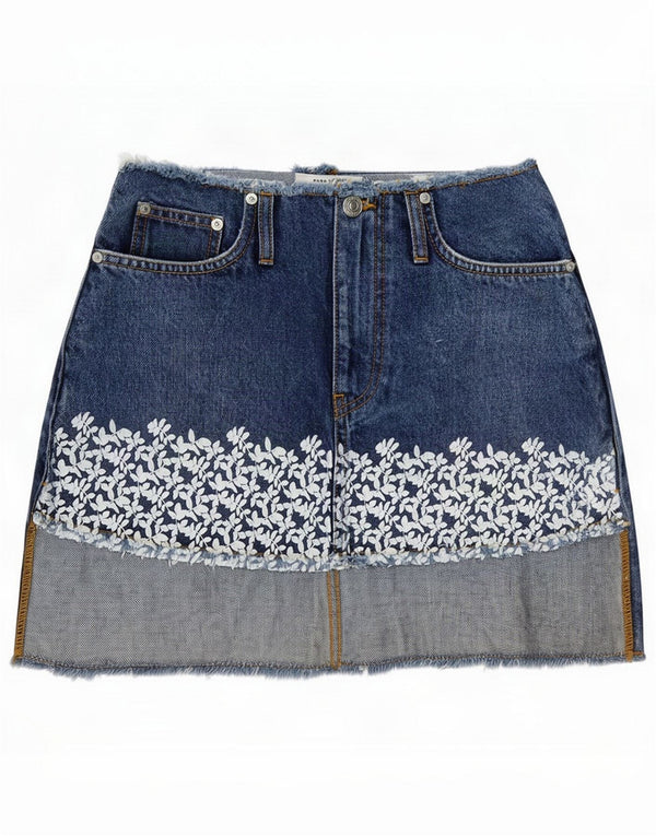 Zara Womens Mini Denim Skirt EU 36 Small W26 Blue Floral Cotton
