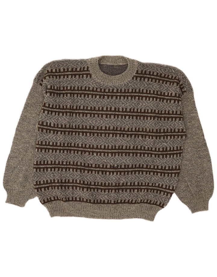 Vintage Herren Pullover mit Rundhalsausschnitt, groß, grau, geometrisch