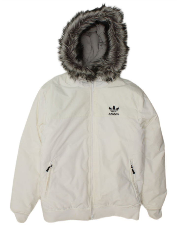 Adidas Herren Bomberjacke mit Kapuze, gepolstert, UK 38, mittelweißes Nylon