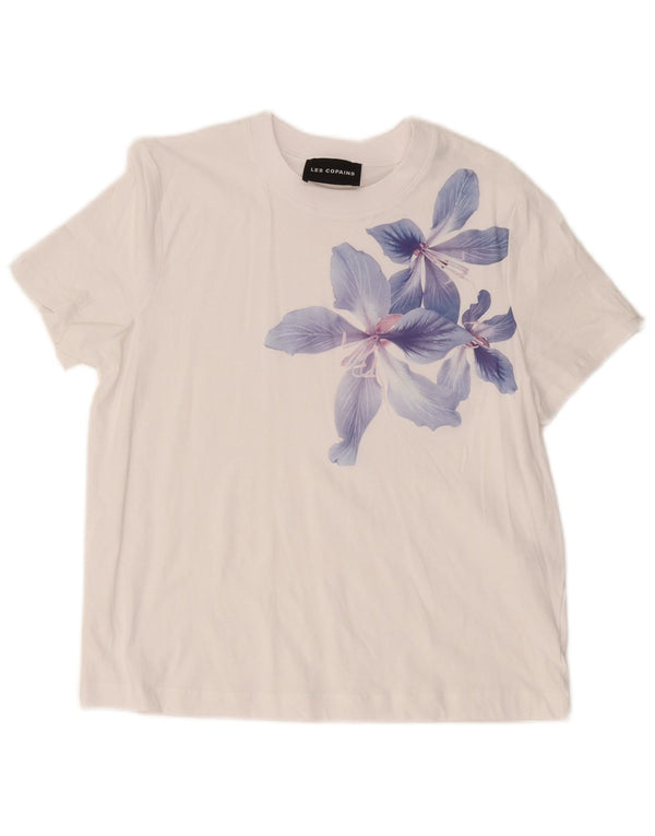 Les Copains Damen-T-Shirt mit Grafik, UK 14, mittelweiß, geblümt, Baumwolle
