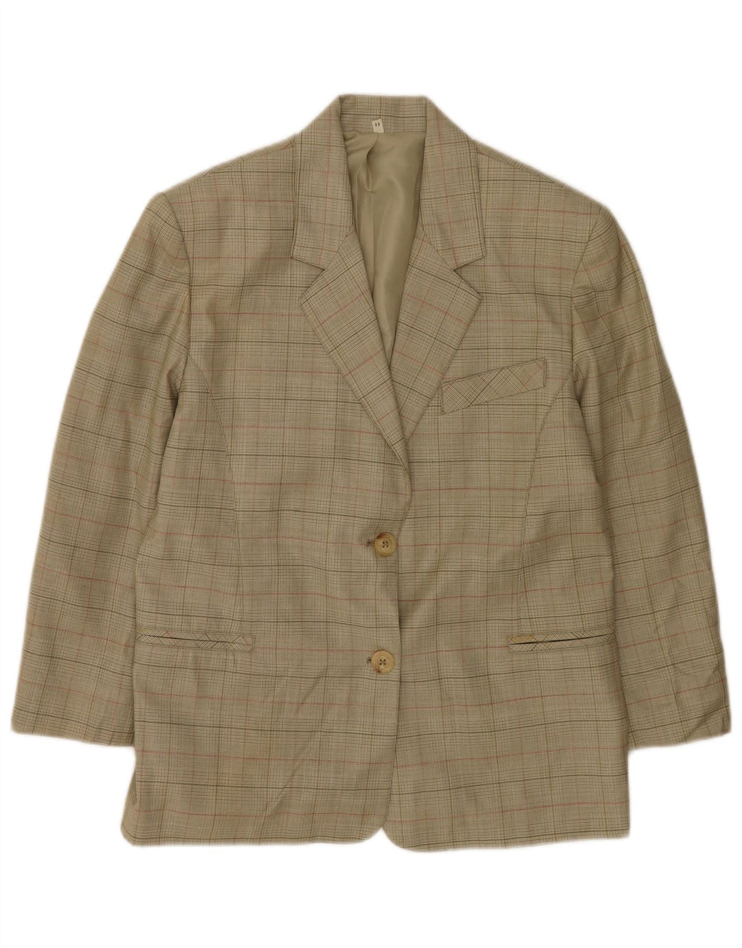 Vintage Damen 2-Knopf-Blazer-Jacke IT 44 Medium Khaki Check Schurwolle