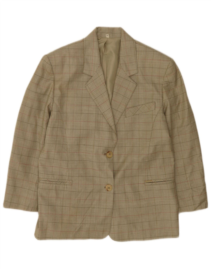 Vintage Damen 2-Knopf-Blazer-Jacke IT 44 Medium Khaki Check Schurwolle