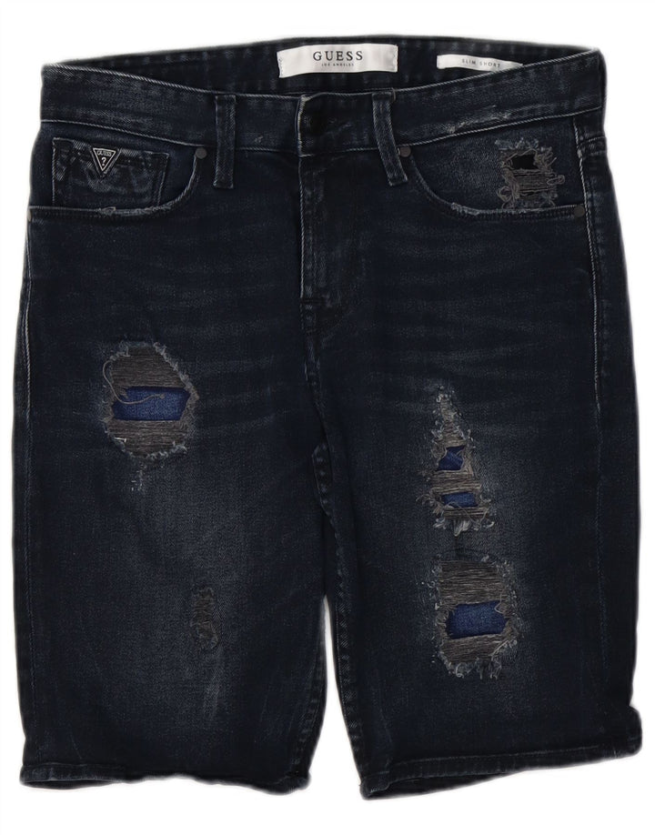 GUESS Herren Slim Distressed Denim Shorts W30 Medium Navy Blue Cotton